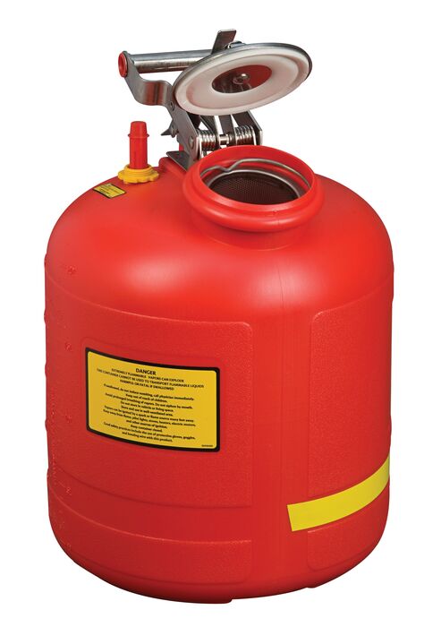 14565.jpg The round red Justrite Can Disp Poly with a gauge is a 5G container featuring a spout, open lid, handle, and yellow warning label for safe pouring.
