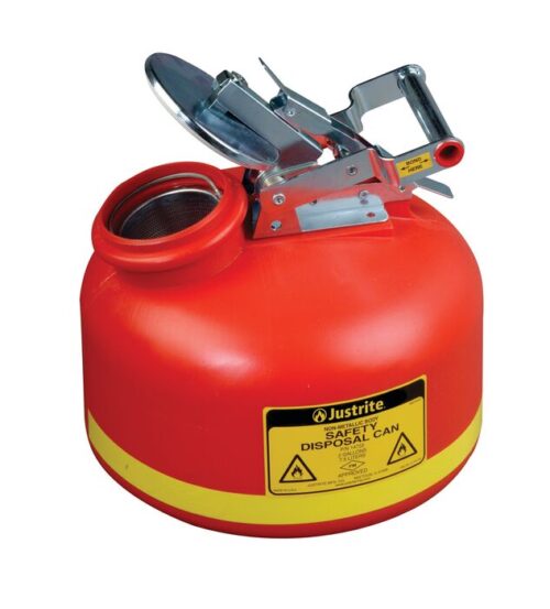The Justrite Can Displ Poly W/Ss 2G Rd, a red and yellow safety disposal can with a metal handle and hinged lid, prominently displays essential safety info and warning symbols.