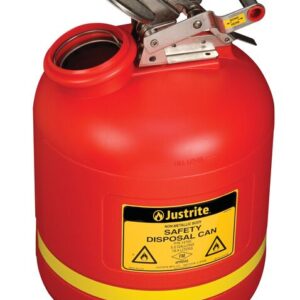 The Justrite Can Dispsl Poly W/Ss 5G Rd in red, with a yellow band and flame warnings, includes an open lid mechanism for safe handling of flammable materials.