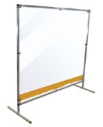 The Justrite Sd Barrier, Pvc, Fl 6X6, features a transparent screen with a metal frame and yellow base panel, perfect for offices or public spaces. Its durable PVC design offers an effective barrier while maintaining visibility.