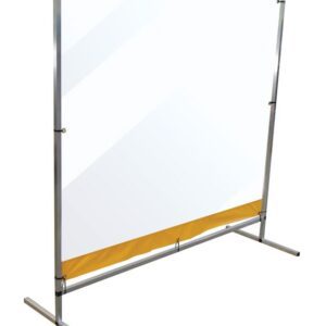 The Justrite Sd Barrier, Pvc, Fl 6X6, features a transparent screen with a metal frame and yellow base panel, perfect for offices or public spaces. Its durable PVC design offers an effective barrier while maintaining visibility.