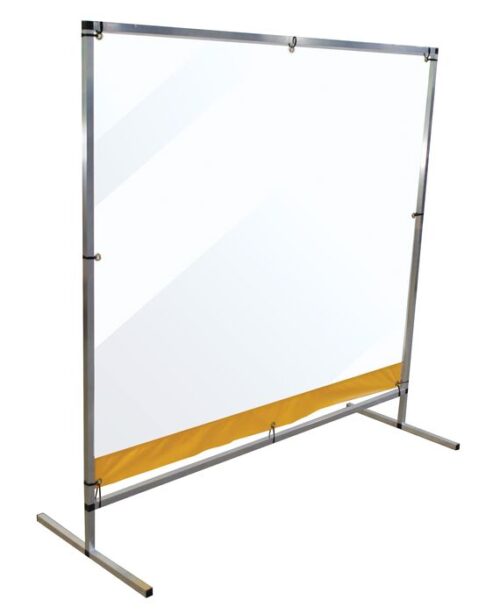 The Justrite Sd Barrier, Pvc, Fl 6X6, features a transparent screen with a metal frame and yellow base panel, perfect for offices or public spaces. Its durable PVC design offers an effective barrier while maintaining visibility.