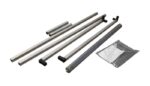 Rectangular and square metal rods with black end caps are neatly arranged beside a labeled Justrite Sd Barrier, Pvc, Ct Snzsld, 4X4. One rod resembles a PVC piece and is in a clear plastic bag with mounting hardware, all set against a white background.