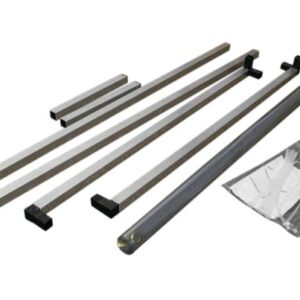 Rectangular and square metal rods with black end caps are neatly arranged beside a labeled Justrite Sd Barrier, Pvc, Ct Snzsld, 4X4. One rod resembles a PVC piece and is in a clear plastic bag with mounting hardware, all set against a white background.