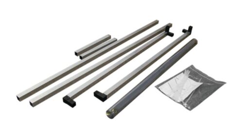 Rectangular and square metal rods with black end caps are neatly arranged beside a labeled Justrite Sd Barrier, Pvc, Ct Snzsld, 4X4. One rod resembles a PVC piece and is in a clear plastic bag with mounting hardware, all set against a white background.