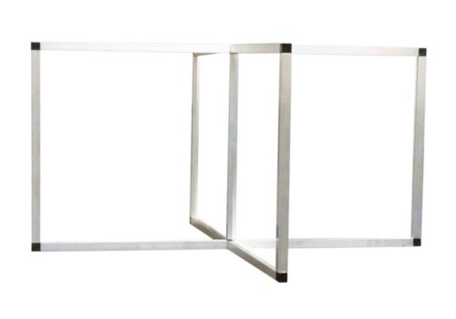 A wireframe illustration of a Necker cube evokes the minimalist design of the Justrite Sd,Barrier, Rnd Tbl Kt 29X44. Intersecting black lines on a white backdrop create an optical illusion, allowing perception of two cubes in perspective.