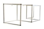 Two Justrite Sd 29X72 rectangular barriers, appearing as metal cube frames with hooks on top centers, are diagonally suspended in white space. One is slightly behind the other, evoking depth and intrigue.