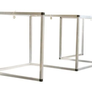 Two Justrite Sd 29X72 rectangular barriers, appearing as metal cube frames with hooks on top centers, are diagonally suspended in white space. One is slightly behind the other, evoking depth and intrigue.