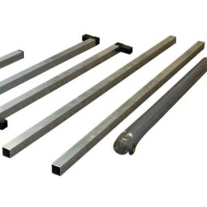 Metal rods and bars of various lengths and shapes are displayed against a white background, accompanied by a Barrier package. A sealed plastic package sits next to the Justrite Sd Barrier Dsk Tp Kt 36X36 for added protection.
