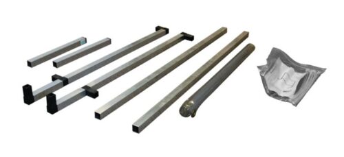 Metal rods and bars of various lengths and shapes are displayed against a white background, accompanied by a Barrier package. A sealed plastic package sits next to the Justrite Sd Barrier Dsk Tp Kt 36X36 for added protection.