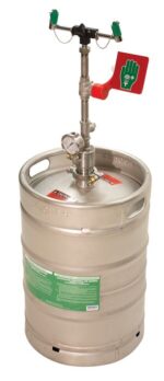 The Justrite Ssaccy, Efwsh, Sc, Press 15Gal is a stainless steel keg with a pressure gauge and valve on top. It includes a red safety tag with a white hand symbol and is designed for dispensing or regulating liquids under pressurized conditions.