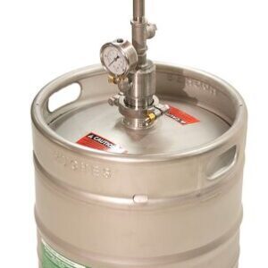 The Justrite Ssaccy, Efwsh, Sc, Press 15Gal is a stainless steel keg with a pressure gauge and valve on top. It includes a red safety tag with a white hand symbol and is designed for dispensing or regulating liquids under pressurized conditions.