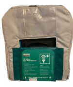 The Justrite H,Ssacy,Blkt,16Gfew eye wash station has a green PULL DOWN TO ACTIVATE label and a light gray cover. It includes a clear plastic pocket on top for added functionality.