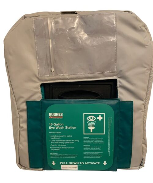 The Justrite H,Ssacy,Blkt,16Gfew eye wash station has a green PULL DOWN TO ACTIVATE label and a light gray cover. It includes a clear plastic pocket on top for added functionality.
