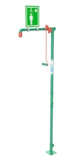 The Justrite H Floor Mount emergency safety shower has a green adjustable metal frame and pull handle. A sign above indicates its emergency use, with the showerhead and handle colored for high visibility, ensuring an efficient response when needed.