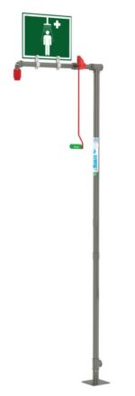 The Justrite H Shower, Floor Mounted, Stainless Steel features a vertical pipe with a green pull handle and splash head for emergency eyewash and body rinsing. It includes an overhead sign showing a person under a showerhead and a medical cross.