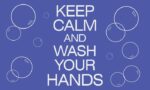 The scene features a blue background with white text saying KEEP CALM AND WASH YOUR HANDS, similar to the Justrite Kp Calm And Wash Hands 3 X 5 sign, surrounded by bubbles, adding charm to any space.