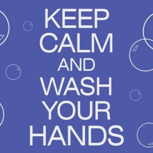 The scene features a blue background with white text saying KEEP CALM AND WASH YOUR HANDS, similar to the Justrite Kp Calm And Wash Hands 3 X 5 sign, surrounded by bubbles, adding charm to any space.