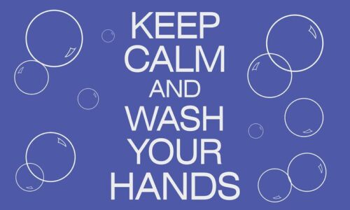 The scene features a blue background with white text saying KEEP CALM AND WASH YOUR HANDS, similar to the Justrite Kp Calm And Wash Hands 3 X 5 sign, surrounded by bubbles, adding charm to any space.