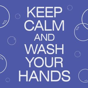 On a soothing blue background, bold white text reads Justrite Kp Calm And Wash Hands with white bubble outlines scattered around, forming a 4 x 6 design.