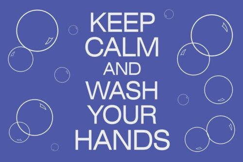 On a soothing blue background, bold white text reads Justrite Kp Calm And Wash Hands with white bubble outlines scattered around, forming a 4 x 6 design.
