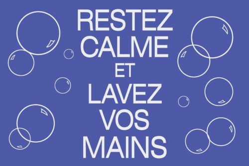 White text on a blue background states RESTEZ CALME ET LAVEZ VOS MAINS among bubbles, reflecting the soothing effect of the Justrite Mat, 194 Fren Keep Calm 4X6.