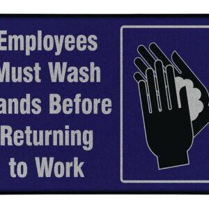 The Justrite Empl Must Wsh Hnds sign, measuring 4 x 6 ft, displays white text on a blue background with an illustration of hands being washed in black and white. Its ideal for workplaces that prioritize clear hygiene guidance.