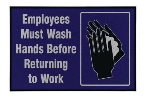 The Justrite Empl Must Wsh Hnds sign, measuring 4 x 6 ft, displays white text on a blue background with an illustration of hands being washed in black and white. Its ideal for workplaces that prioritize clear hygiene guidance.
