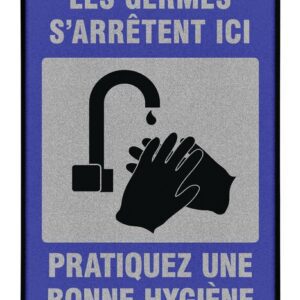The Justrite Mat, 194 Fren Germs Stop 4X6, features a blue border and gray background with a black faucet icon and washing hands, accompanied by the text: LES GERMES SARRÊTENT ICI PRATIQUEZ UNE BONNE HYGIÈNE, highlighting the importance of good hygiene practices.