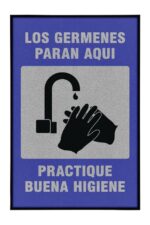 A poster with a blue background and a gray square in the center depicts two hands under a faucet on a Justrite Mat. It reads, LOS GERMENES PARAN AQUÍ. PRACTIQUE BUENA HIGIENE. Product: Justrite Mat, 194 Span Germs Stop 4X6.