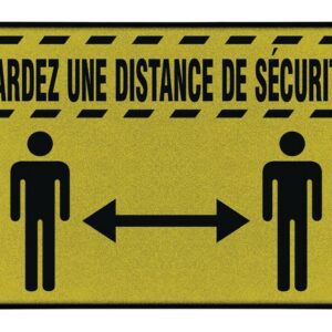 The Justrite Mat features a yellow sign with black borders and diagonal lines, displaying two stick figures separated by an arrow. The French text GARDEZ UNE DISTANCE DE SÉCURITÉ reminds all to KEEP A SAFE DISTANCE.