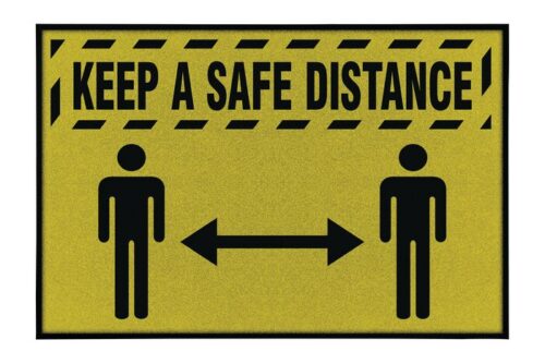 The Justrite Keep A Safe Distance sign is 4 X 6 Ft, featuring text at the top and two stick figures separated by a double-headed arrow to symbolize social distancing.