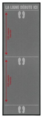The Justrite Mat, 194 Fren Line Starts 4X12, features a gray surface with white text and graphics showing where a line begins. It includes white footprints, the phrase LA LIGNE DÉBUTE ICI, and red arrows with SVP respectez lintérieur pointing to the footprints.