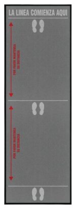The gray Justrite Mat, 194 Span Line Starts 4X12, displays LA LINEA COMIENZA AQUI at the top. It has two footprint sections separated by red arrows reading POR FAVOR MANTENGA SU DISTANCIA, guiding users to stand and keep their distance.