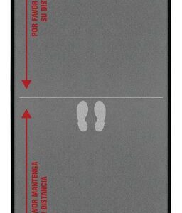 The gray Justrite Mat, 194 Span Line Starts 4X12, displays LA LINEA COMIENZA AQUI at the top. It has two footprint sections separated by red arrows reading POR FAVOR MANTENGA SU DISTANCIA, guiding users to stand and keep their distance.