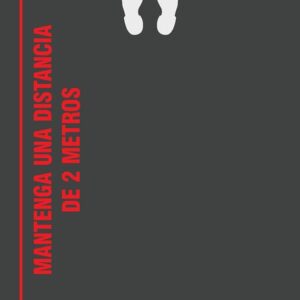 The gray Justrite Mat, 194 Span Practice 4X6, showcases white footprints for standing. Red text says MANTENGA UNA DISTANCIA DE 2 METROS, and at the bottom, in white: PRACTIQUE EL DISTANCIAMIENTO SOCIAL next to a red stop sign labeled PARE AQUI.