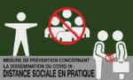 Illustration of three figures: a distanced person, a prohibited group, and two shaking hands with a no symbol, illustrating Mesure de prévention concernant la dissémination du COVID-19 : distance sociale en pratique, following Justrite Mat 194 Fren Social Distan 3X5 guidelines.