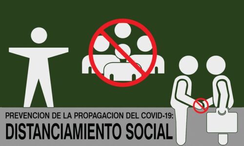 A Justrite Mat, 194 Span Social Distan 3X5, displays COVID-19 prevention: social distancing with figures not shaking hands and standing apart. A red circle and line through a group accompany the text: Prevencion del COVID-19: Distanciamiento Social.