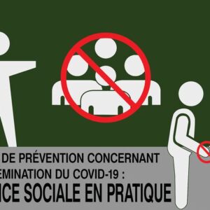 The French poster Justrite Mat,194 Fren Social Distan 4X6 showcases social distancing with white figures, a red circle, and slash. It includes the text: Mesure de prévention concernant la dissémination du COVID-19: Distance sociale en pratique.