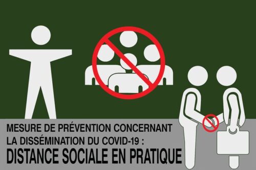 The French poster Justrite Mat,194 Fren Social Distan 4X6 showcases social distancing with white figures, a red circle, and slash. It includes the text: Mesure de prévention concernant la dissémination du COVID-19: Distance sociale en pratique.