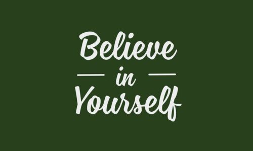 The image features Believe in Yourself in elegant white cursive, centrally placed on a dark green Justrite Mat, named 195 Believe In Self 3X5 Gn.