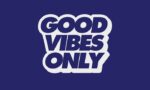 Thick, shadowed white text on a dark blue background reads GOOD VIBES ONLY, resembling the motivational and striking design of the Justrite Mat,195 Good Vibes Only 3X5 Bu—a perfect addition for positivity in any space.