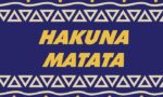 The image features bold yellow HAKUNA MATATA text on a dark blue background, mirroring the Justrite Mat, 195 Hakuna Matata 3X5 Bu design. Yellow triangles and dots decorate the borders with a vibrant pattern.