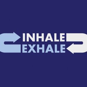 The Justrite Mat, 195 Inhale Exhale 3X5 Bu features a blue background with INHALE in white and a left arrow, and EXHALE in light blue with a right arrow, perfectly capturing the soothing rhythm of mindful breathing.