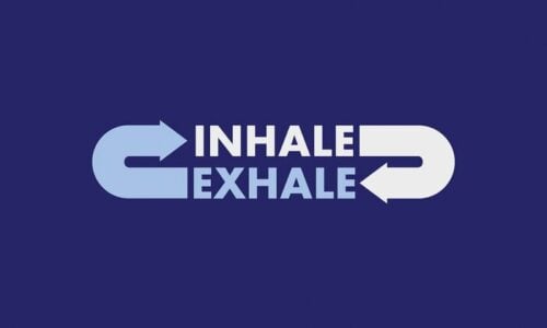 The Justrite Mat, 195 Inhale Exhale 3X5 Bu features a blue background with INHALE in white and a left arrow, and EXHALE in light blue with a right arrow, perfectly capturing the soothing rhythm of mindful breathing.