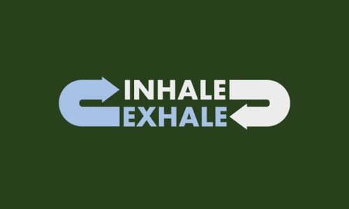 Text on a dark green background with INHALE in white, pointing right, and EXHALE in light blue, pointing left features the tranquil design of the Justrite Mat, 195 Inhale Exhale 3X5 Gn.
