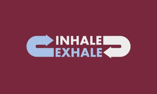 Text graphic on a maroon background with blue and white arrows reminiscent of the Justrite Mat. INHALE appears in white with an arrow pointing left, and EXHALE on the right in blue, capturing the soothing rhythm of a 195 Inhale Exhale 3X5 Rd visually.