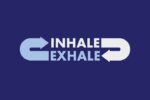 The image shows a Justrite Mat,195 Inhale Exhale 4X6 Bu with INHALE in light blue and a right arrow, and EXHALE in darker blue with a left arrow on a dark blue background.