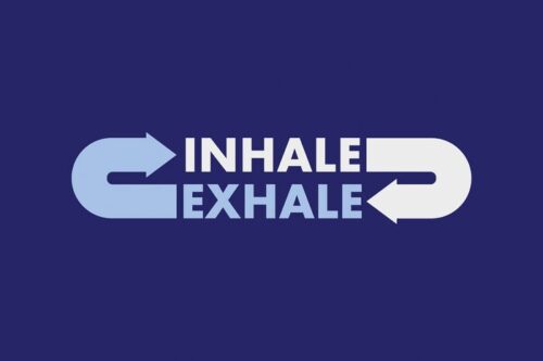The image shows a Justrite Mat,195 Inhale Exhale 4X6 Bu with INHALE in light blue and a right arrow, and EXHALE in darker blue with a left arrow on a dark blue background.