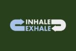 The image displays INHALE and EXHALE in white and light blue, surrounded by arrows on a dark green background similar to the Justrite Mat, 195 Inhale Exhale 4X6 Gn.